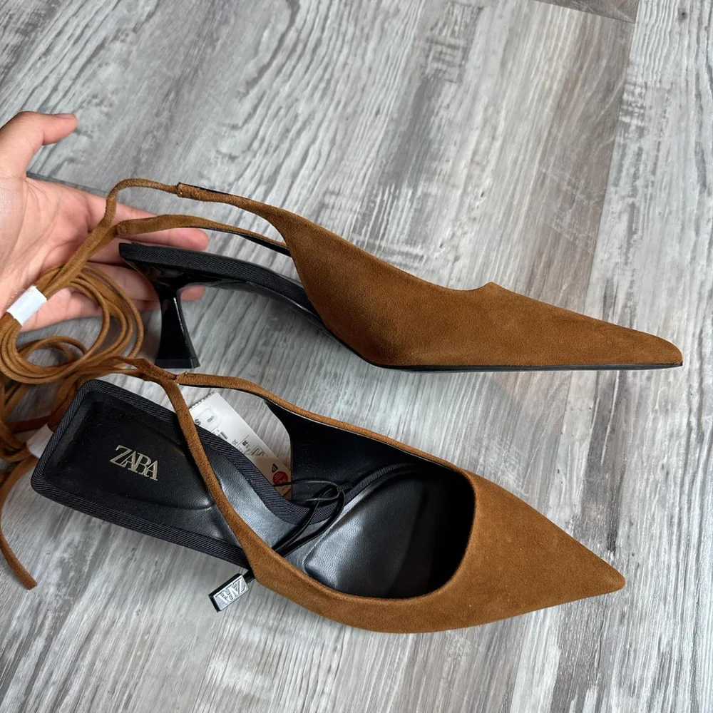 ZARA LACE-UP LEATHER SLINGBACK HEELS - BRAND NEW WITH TAGS - Picture 7 of 8